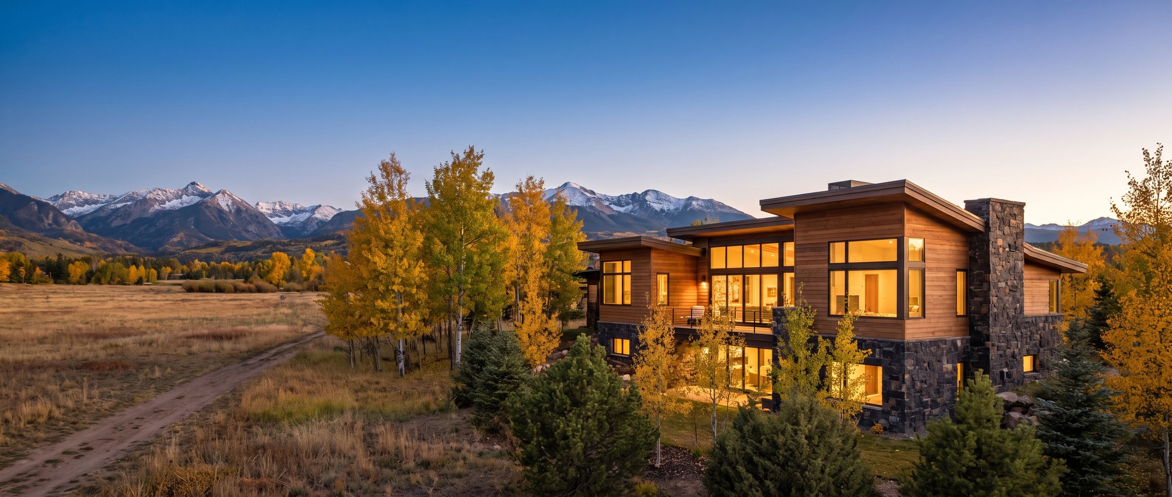 Modern Colorado luxury home at golden hour